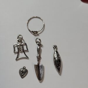 Silver Tone Garden Charm Set - Angel, Trowel, Heart & Leaf Pendants